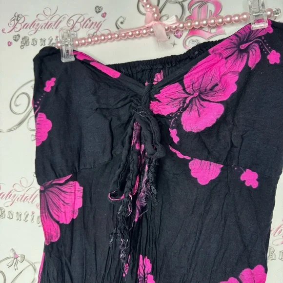 Dress Hawaii hibiscus 🌺 flowers pink black strapless ribbon 🎀 bow tie up slit - Picture 10 of 10
